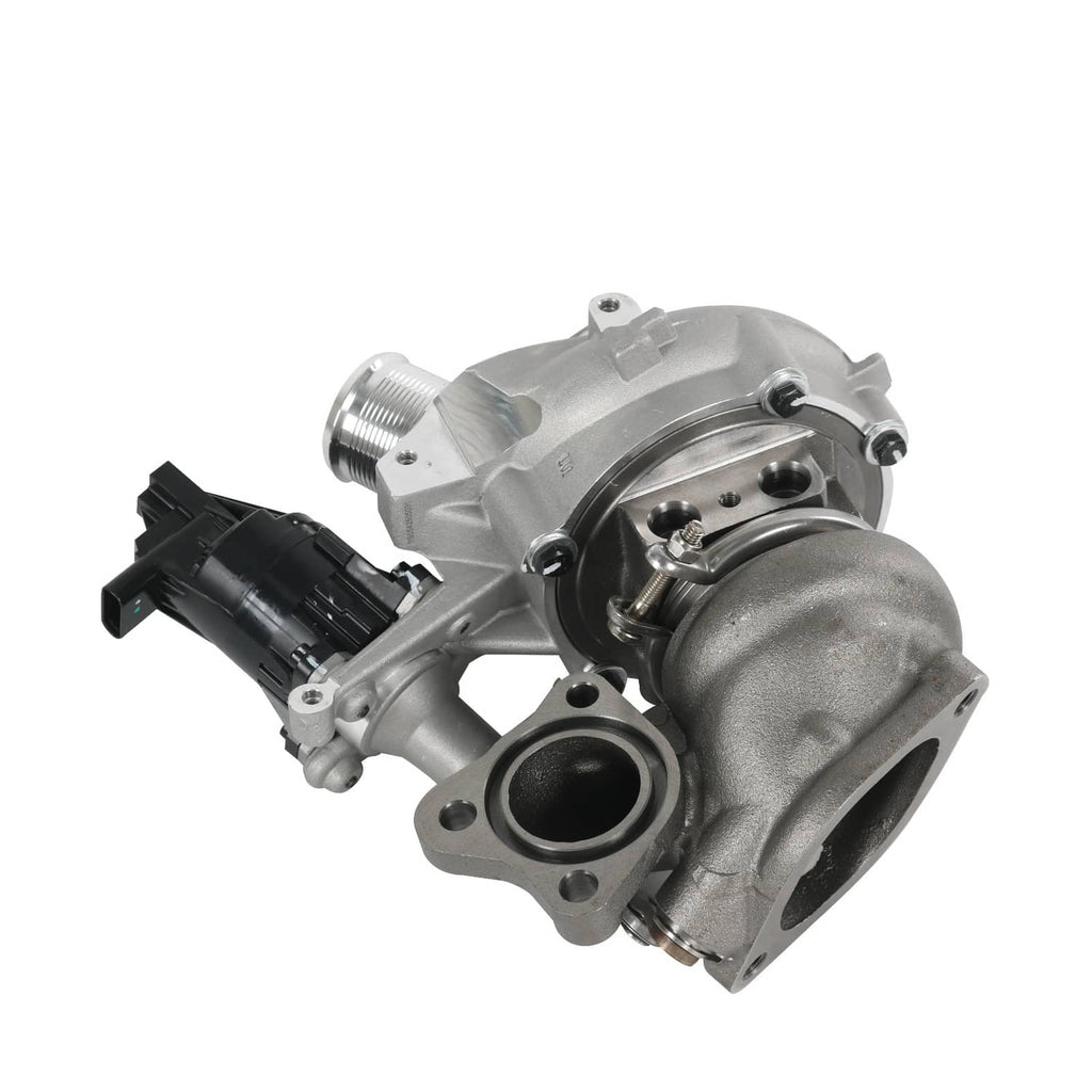 Turbocharger with silver turbine housing and black electrical module, angled view