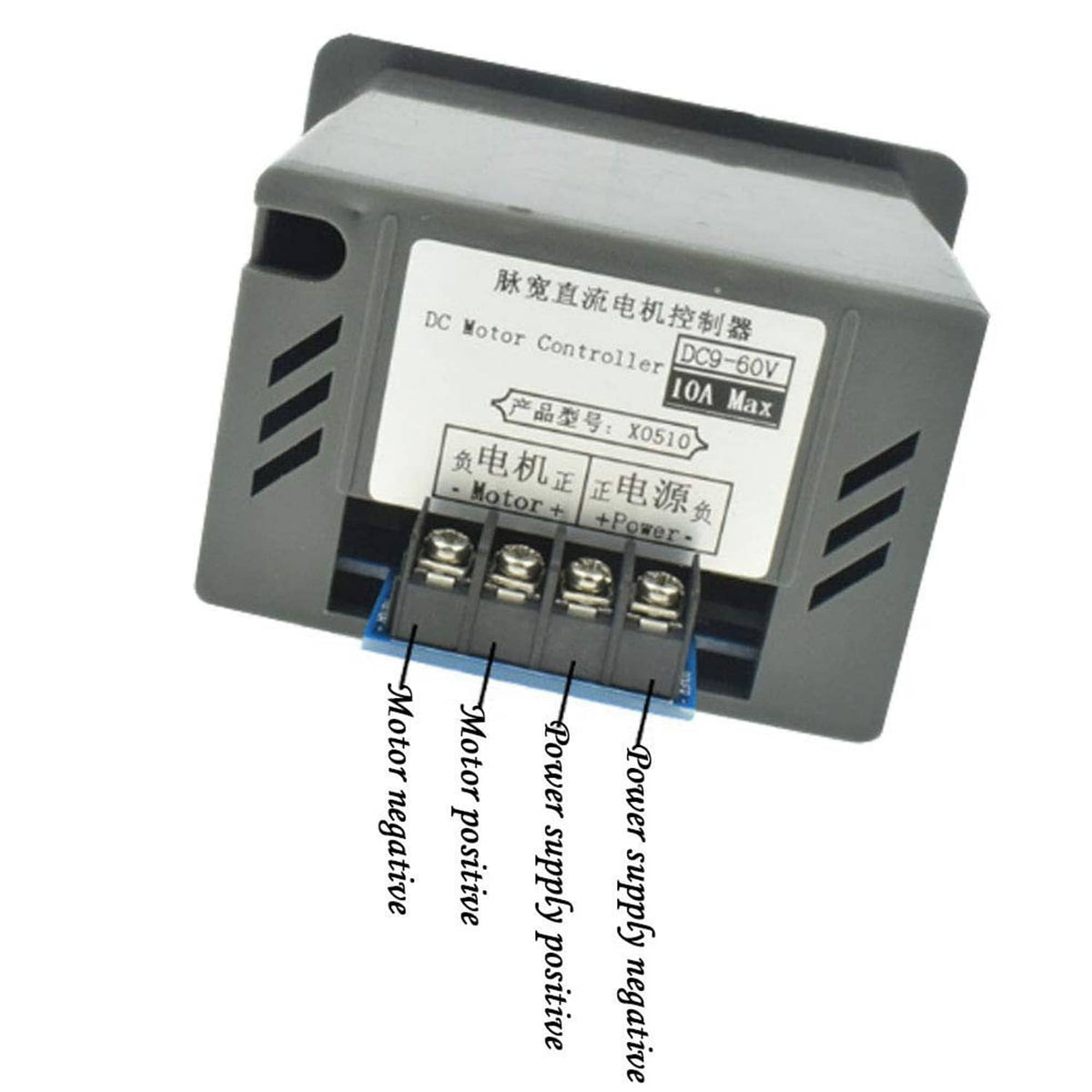 DC motor controller with rear wiring terminal block and printed connection labels