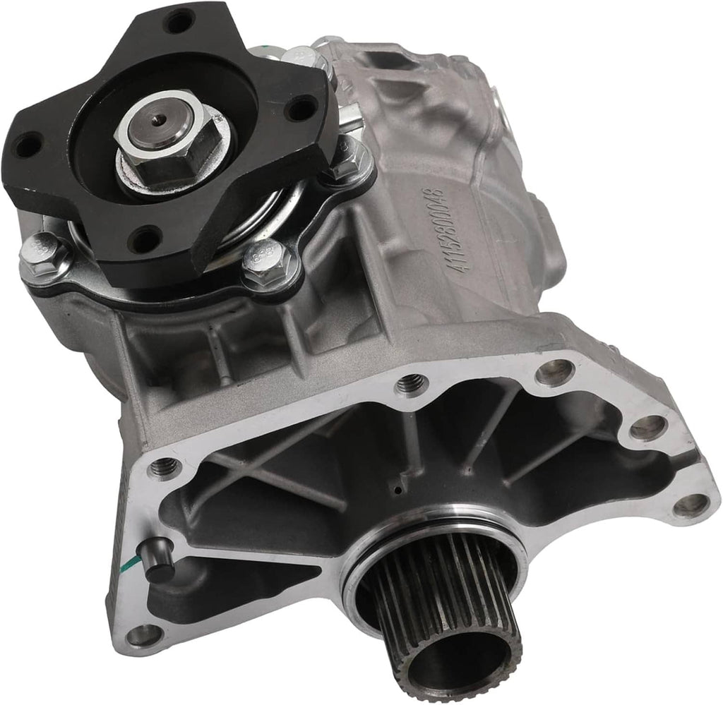 Transfer case assembly showing black oil-seal housing and internal gear cavity