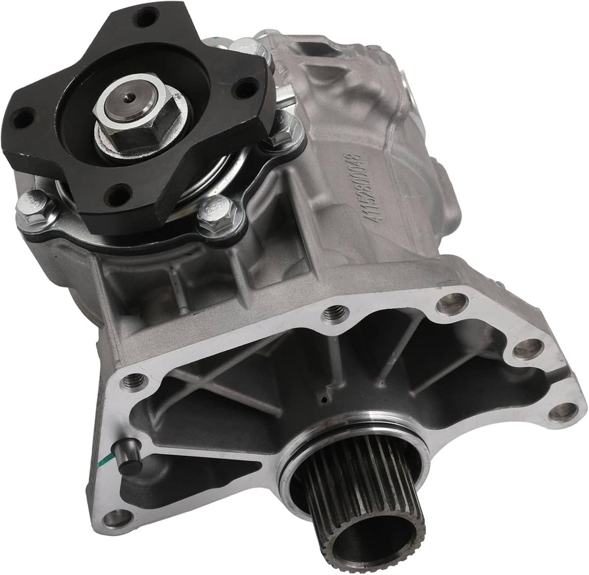 Transfer case assembly showing black oil-seal housing and internal gear cavity