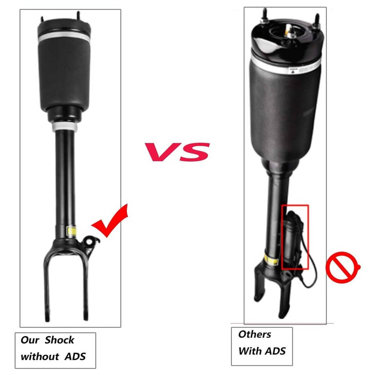 Front air suspension strut shock with top cap and side sensor area highlighted