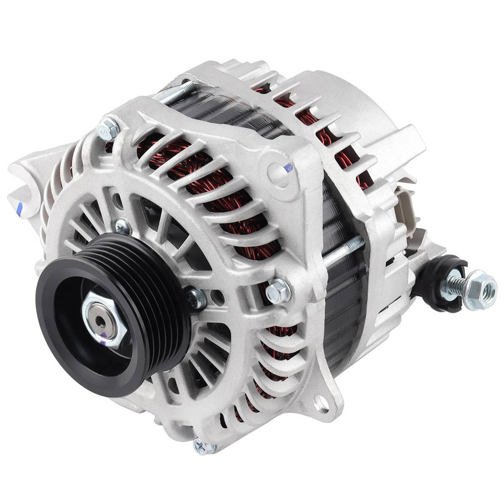 Alternator showing serpentine pulley and vented fins with copper windings; white