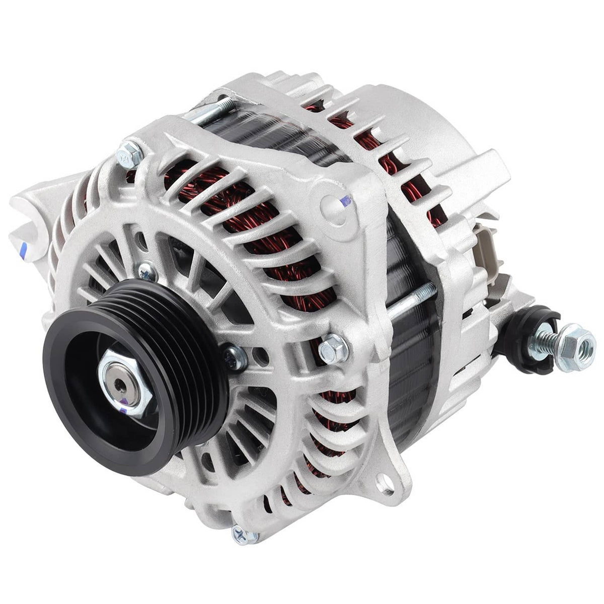 Alternator showing serpentine pulley and vented fins with copper windings; white