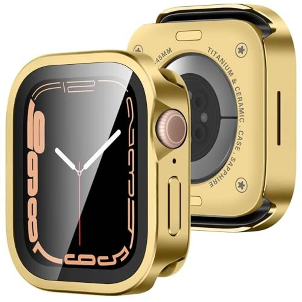 Gold bumper-style metal case for Apple Watch 45mm with camera cutout and screen cover