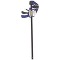 Irwin one-handed bar clamp with blue handles and black bar, heavy-duty design.