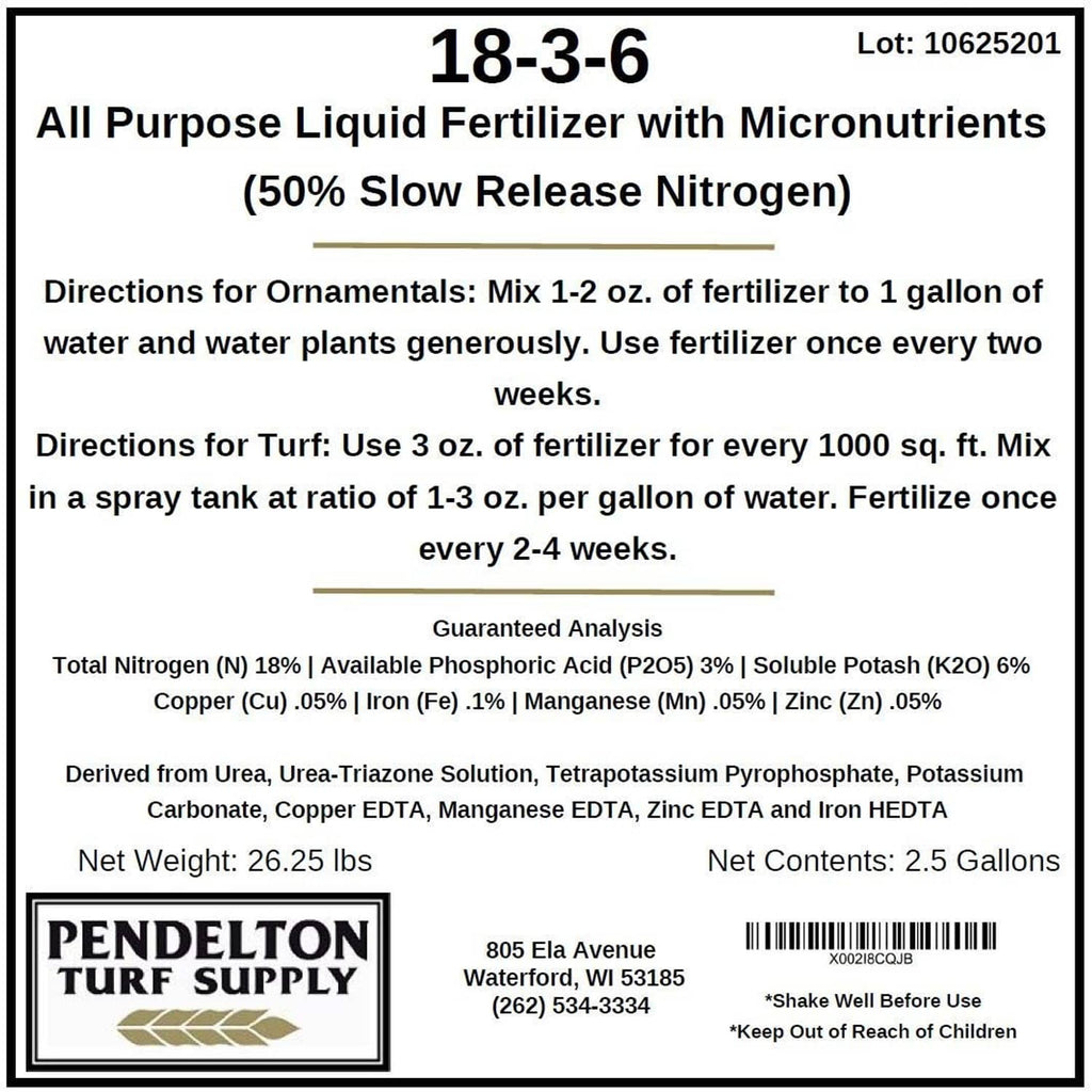 Liquid fertilizer label close-up: 18-3-6 with micronutrients and 50% slow release nitrogen