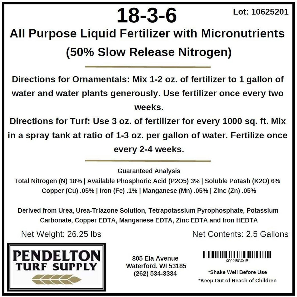 Liquid fertilizer label close-up: 18-3-6 with micronutrients and 50% slow release nitrogen