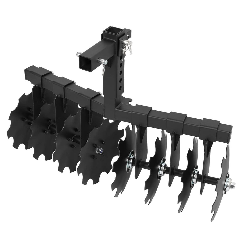 Disc harrow plow with black steel frame and multiple notched cutting disc blades