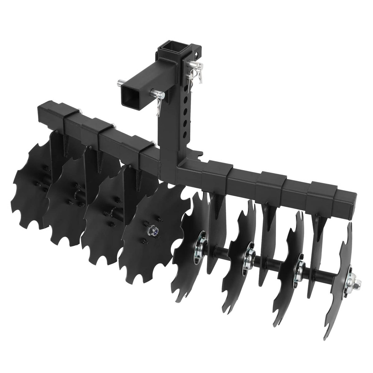 Disc harrow plow with black steel frame and multiple notched cutting disc blades