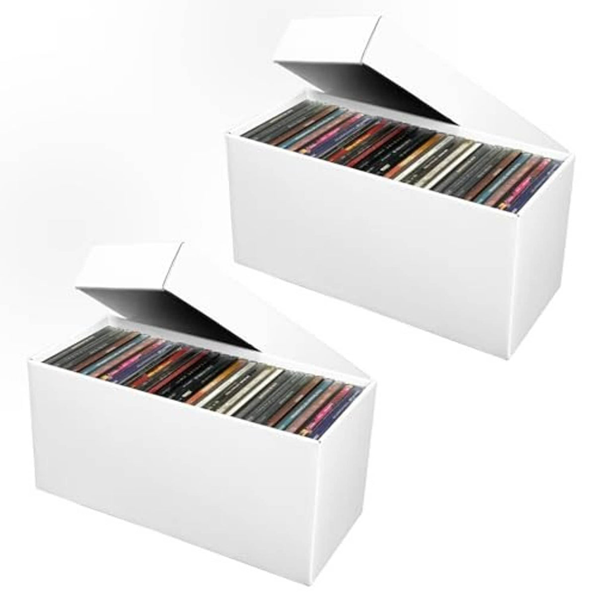 Two white lidded cardboard CD storage boxes with CD cases visible inside