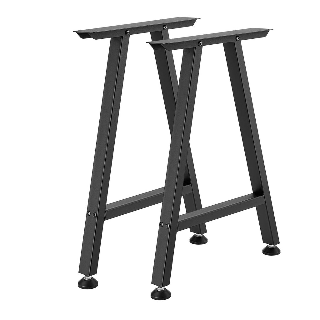Two black trapezoid table legs with angled braces and wide rectangular tops
