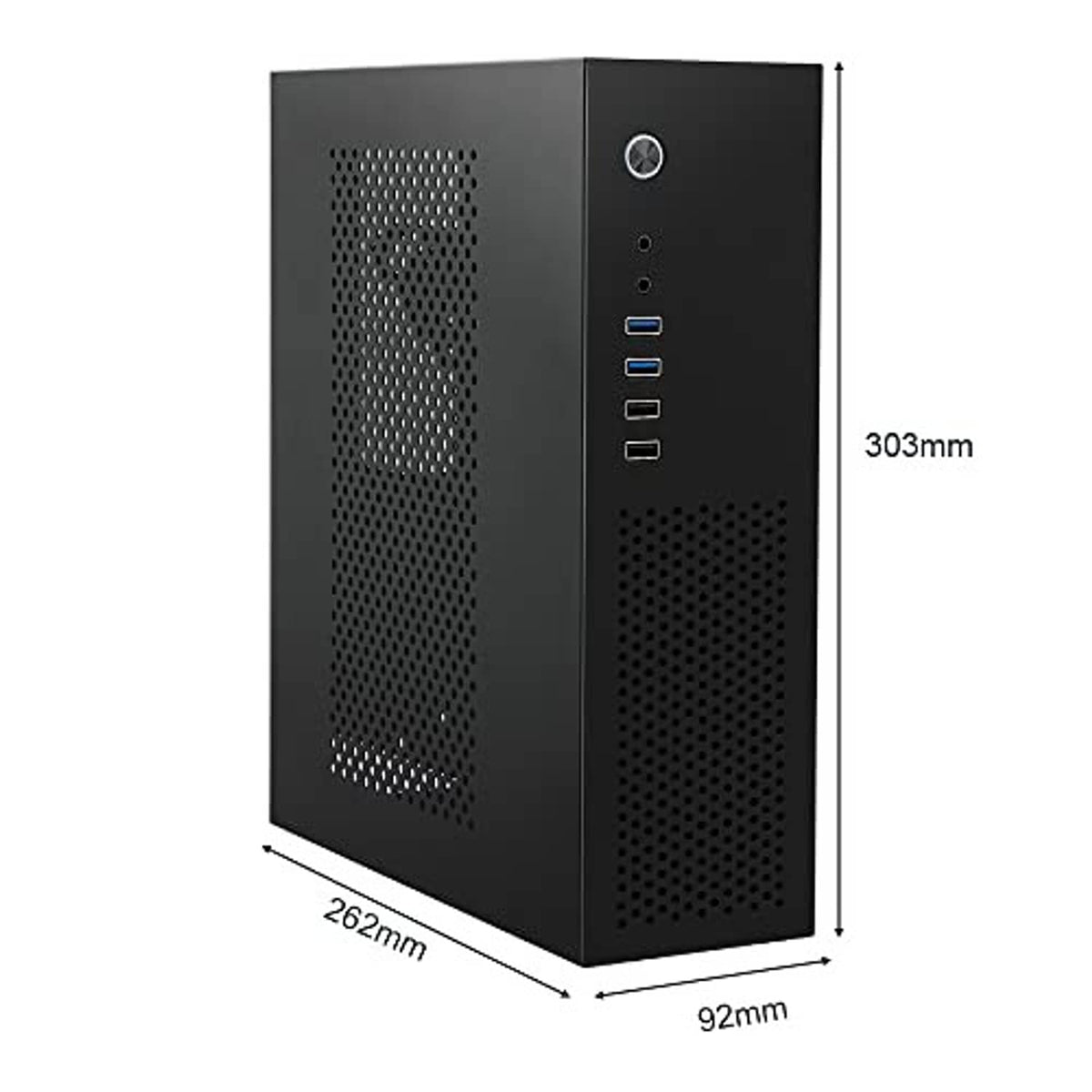 Black micro ATX desktop PC case with perforated panels and front I/O, with dimensions
