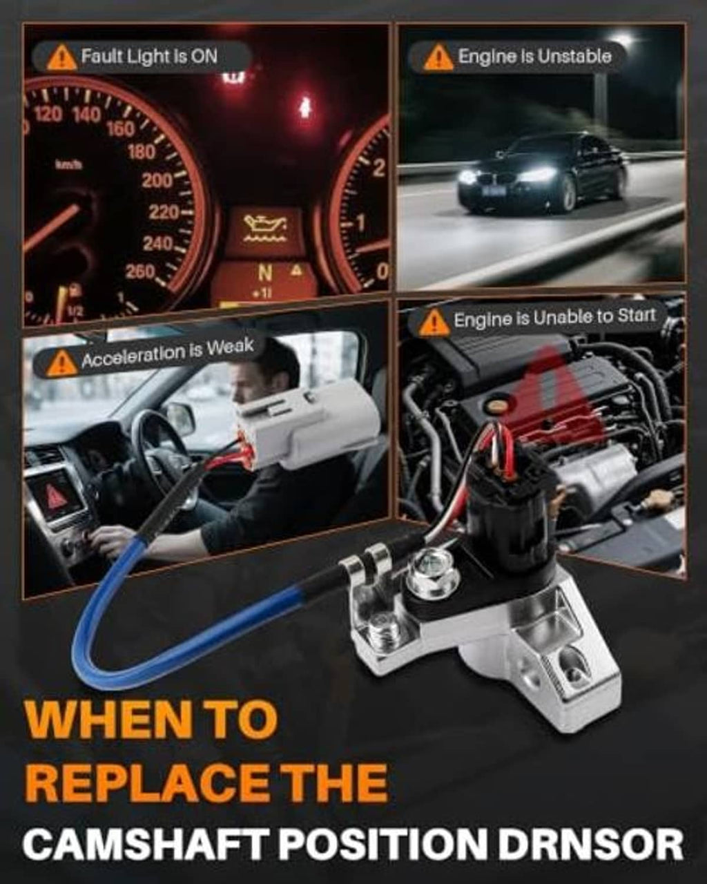 Camshaft position sensor in replacement guide graphic with dashboard warning light icons