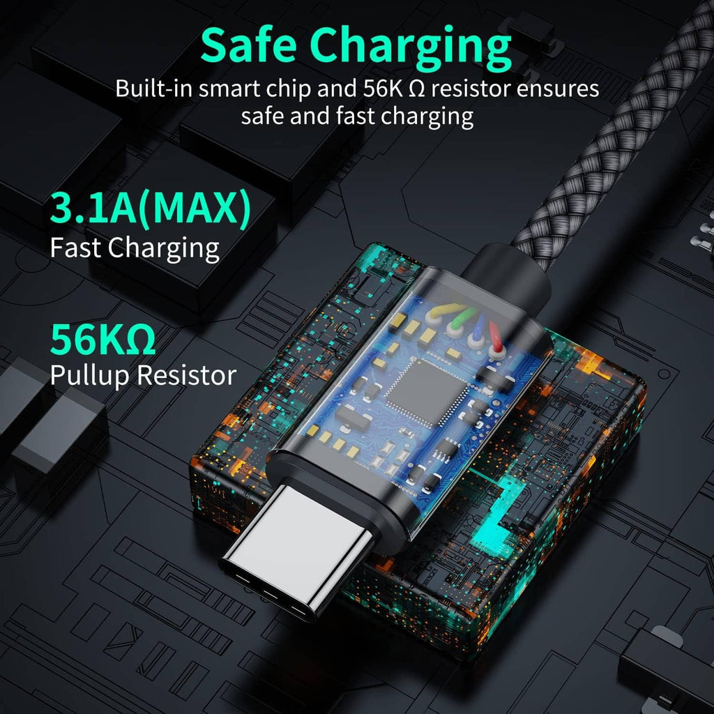 USB-C to USB-A charging cable with exposed circuit detail and gray braided sleeve