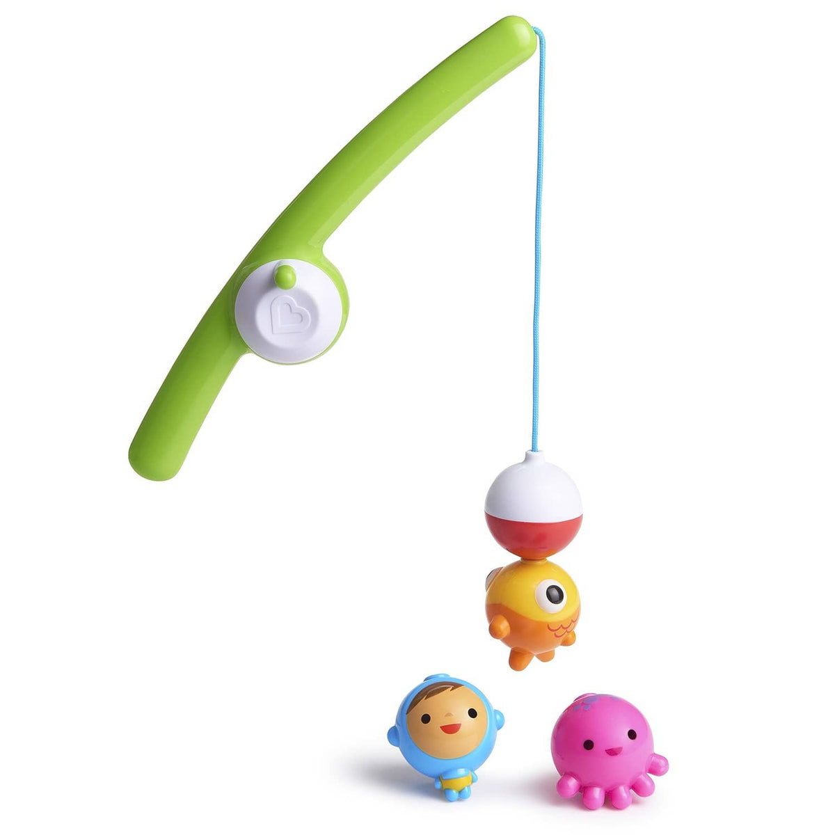 Munchkin® magnetic fishing bath toy with green rod and three floating animal bobbers