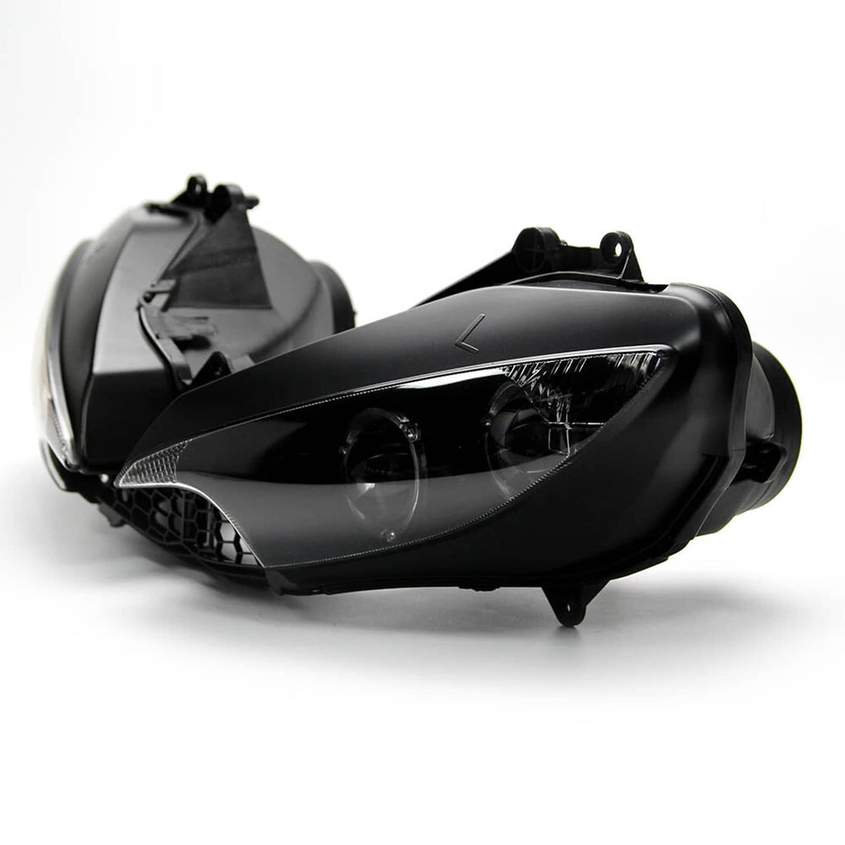 Black left motorcycle headlight housing with clear lens and mounting tabs