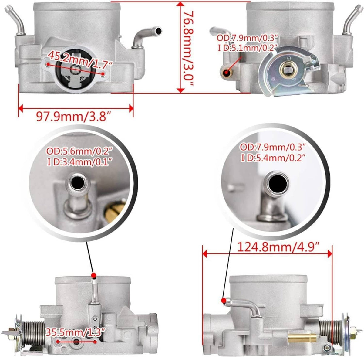 70mm throttle body with TPS and MAP sensors labeled size and port measurements