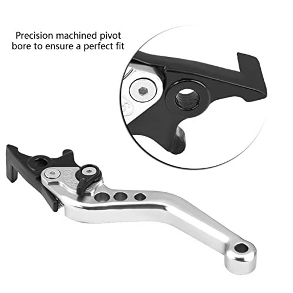 Silver motorcycle brake lever with black lever end and pivot bore detail