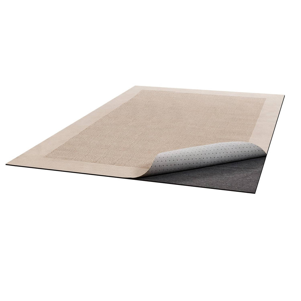 Beige and dark gray non-slip rug pad showing cushioned felt top and rubber base