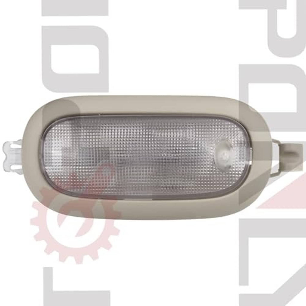 Car interior dome lamp with slate gray frame and illuminated red-tinted lens