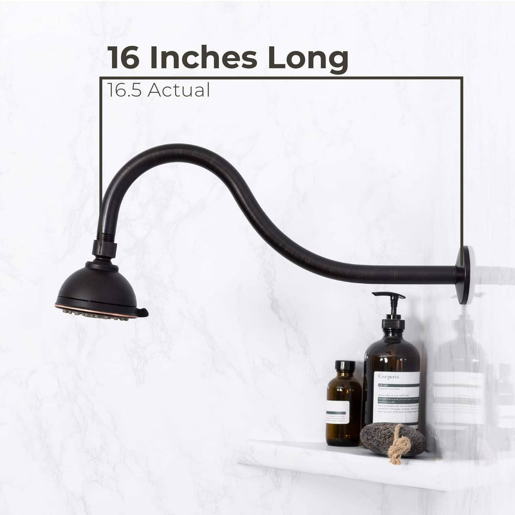 16-inch shower head extension arm with black flexible tube, wall flange, and spray head