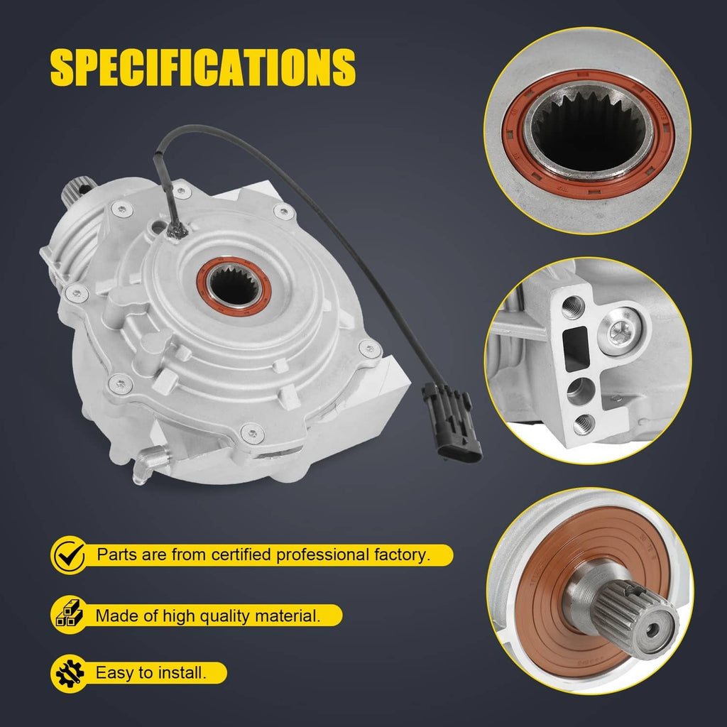 Front differential assembly with orange bearing seal and black connectors, with detail insets