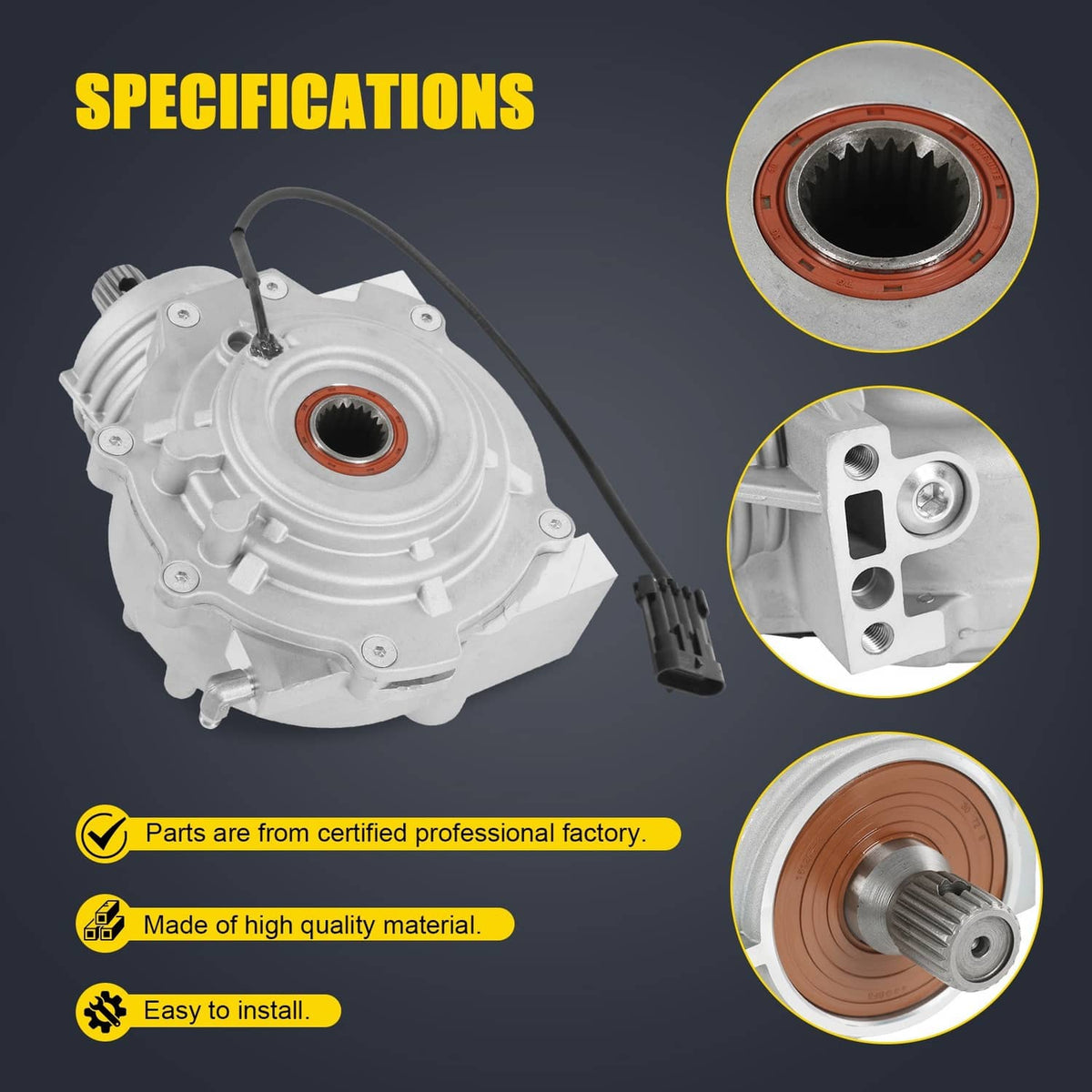 Front differential assembly with orange bearing seal and black connectors, with detail insets
