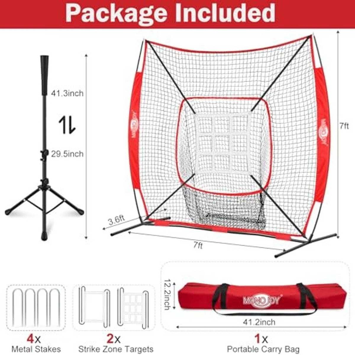 Red baseball practice net kit with steel frame, target panel, carry bag and metal stakes