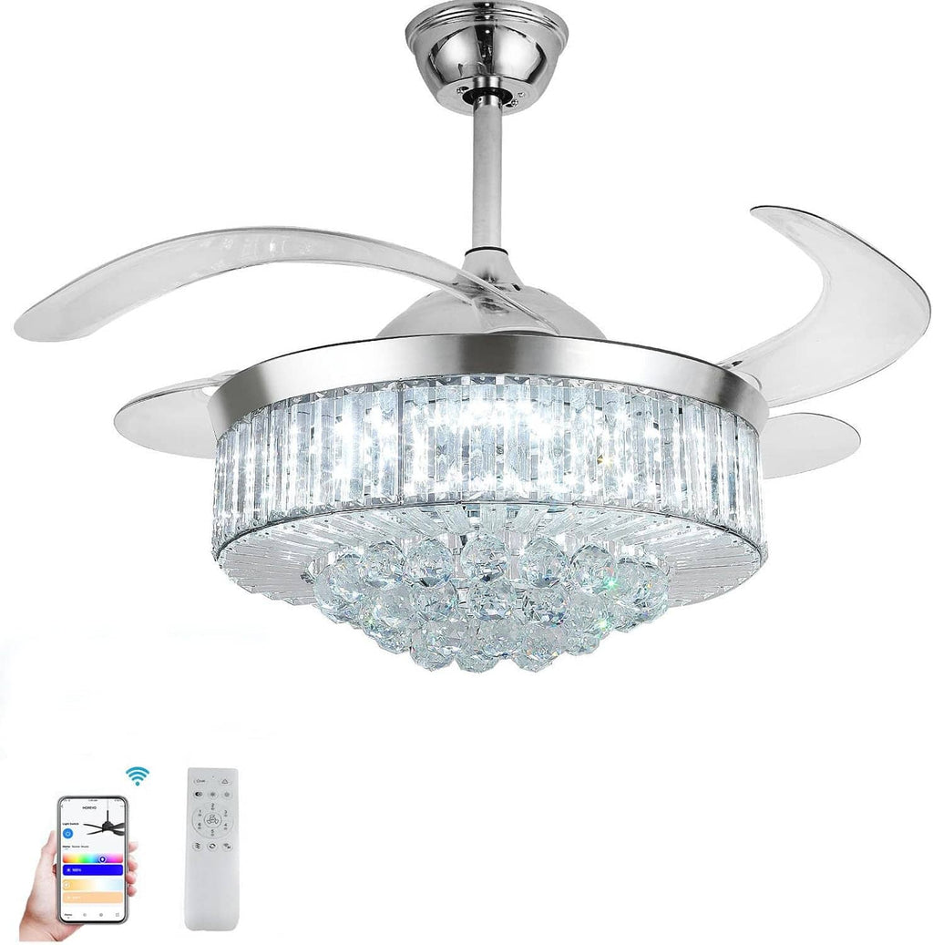 Chrome ceiling fan with retractable crystal light, four blades and remote control included