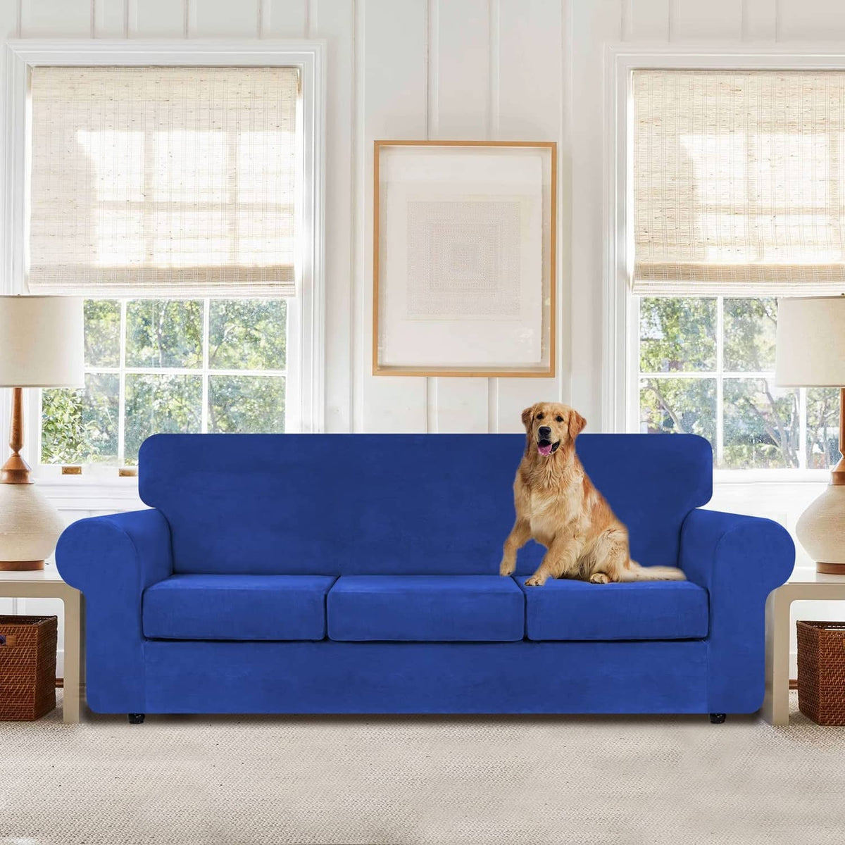 Royal blue fitted 3-cushion sofa cover with stretch panel seams and full wrap