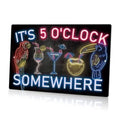 Neon metal tin sign: 'IT'S 5 O'CLOCK SOMEWHERE' with cocktail drink icons