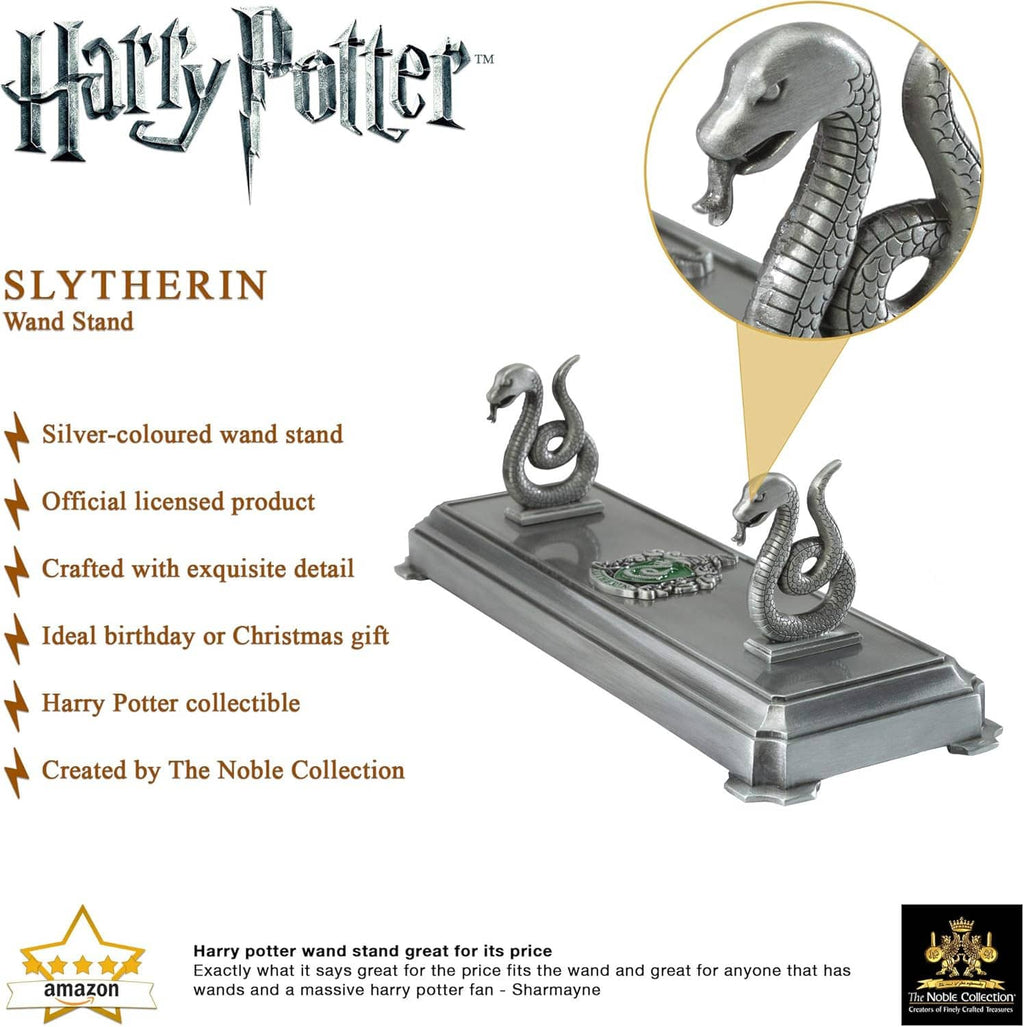 Slytherin wand stand with silver serpent figurines and green crest, close-up inset of serpent