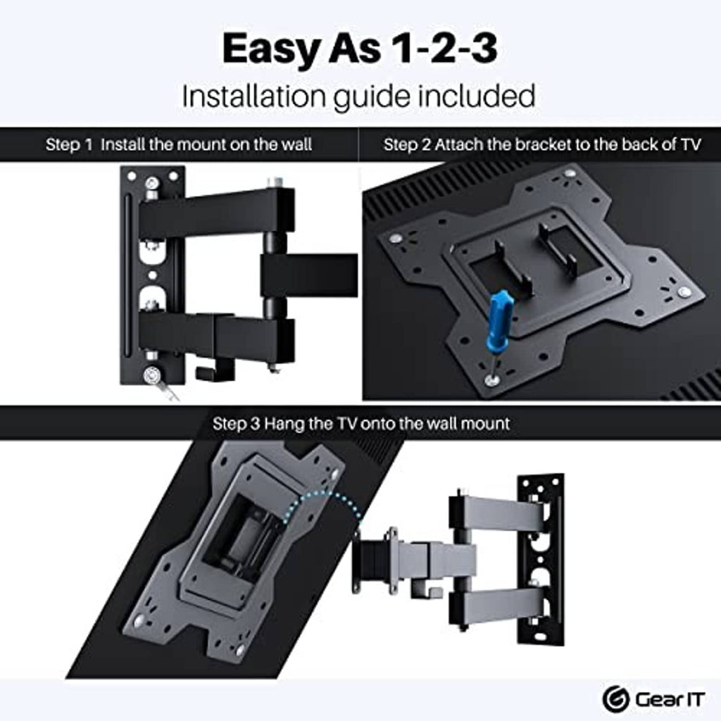 TV wall mount installation guide graphic with wall bracket and TV bracket steps
