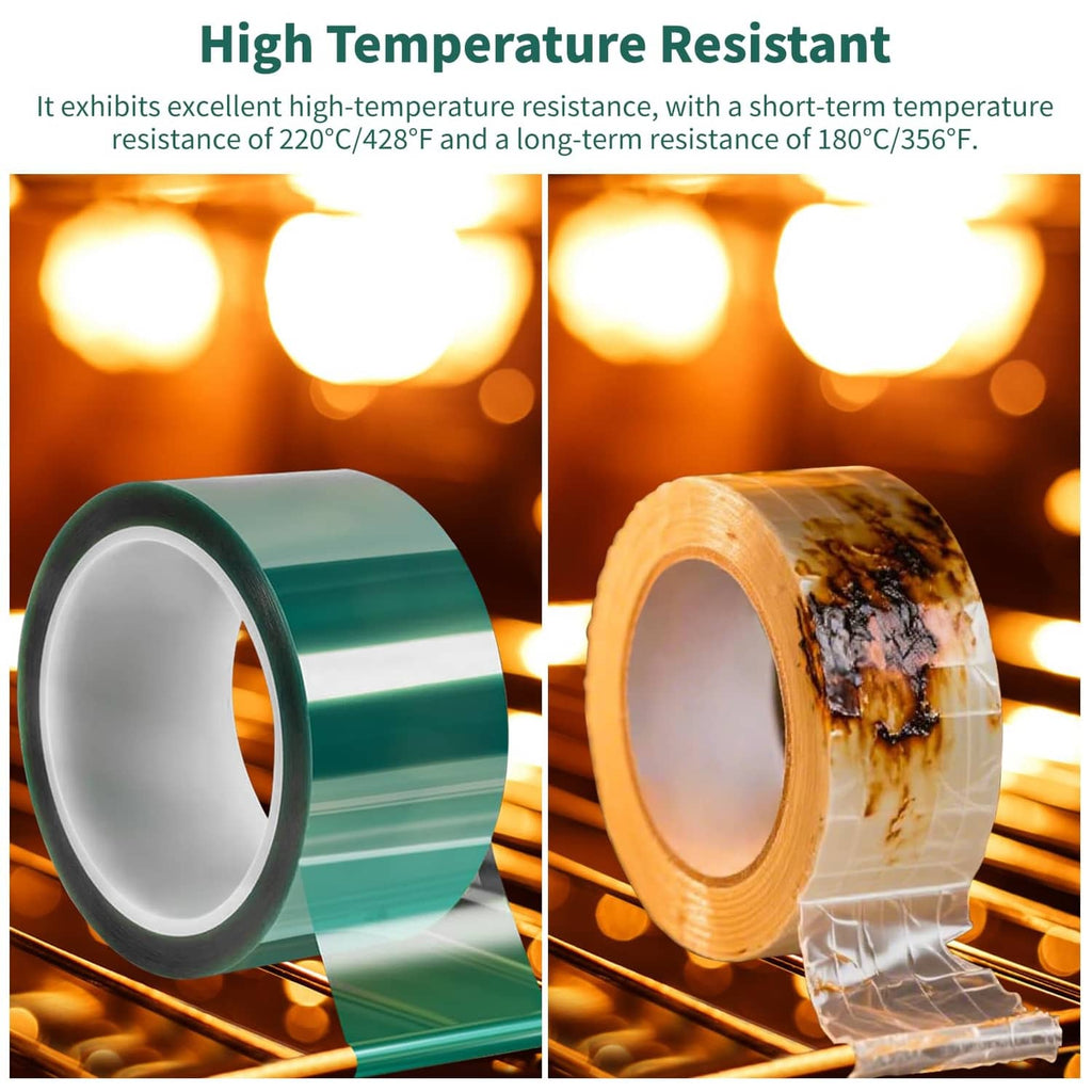 Green epoxy molding tape roll shown before and after high-heat exposure