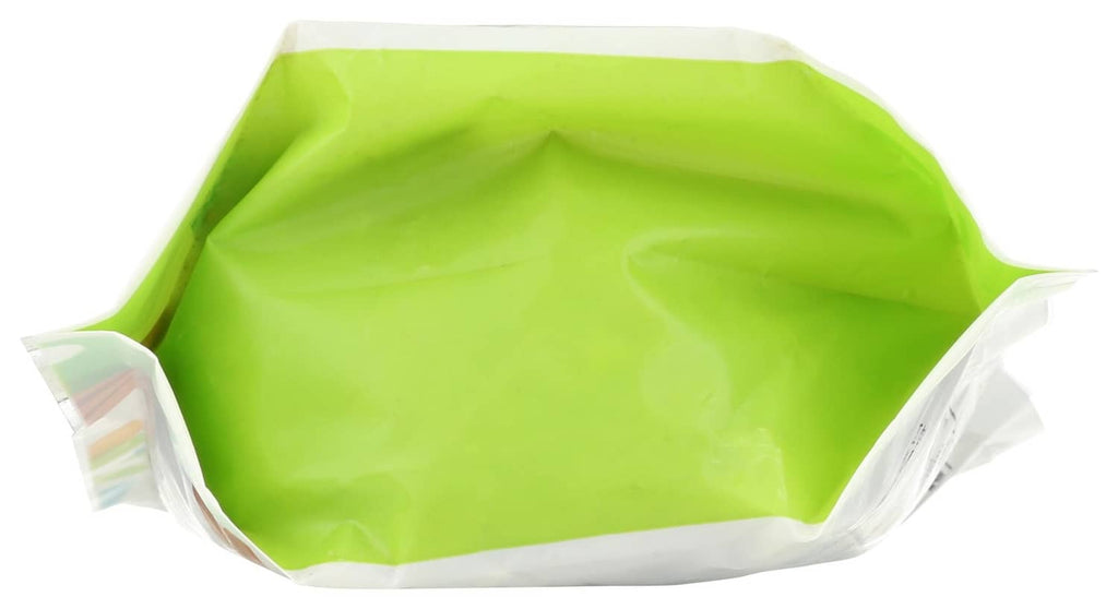 Pecan halves and pieces bag opened, green inner liner visible