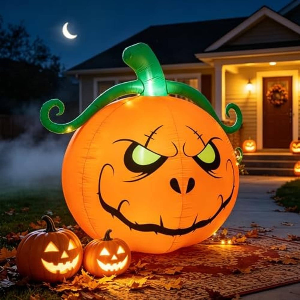 Lighted inflatable jack-o'-lantern pumpkin with green curly stem and glowing, wink-eyed face