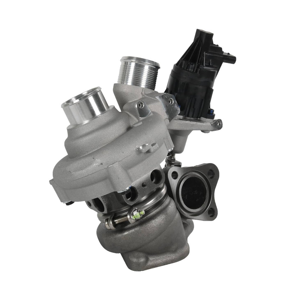 Right-side turbocharger assembly with metal compressor housing and black electrical connector