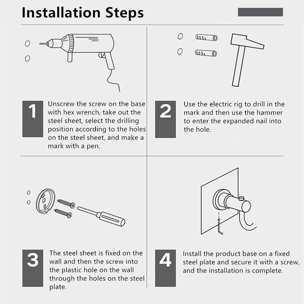 Gold towel set installation steps diagram for mounting base and drilling