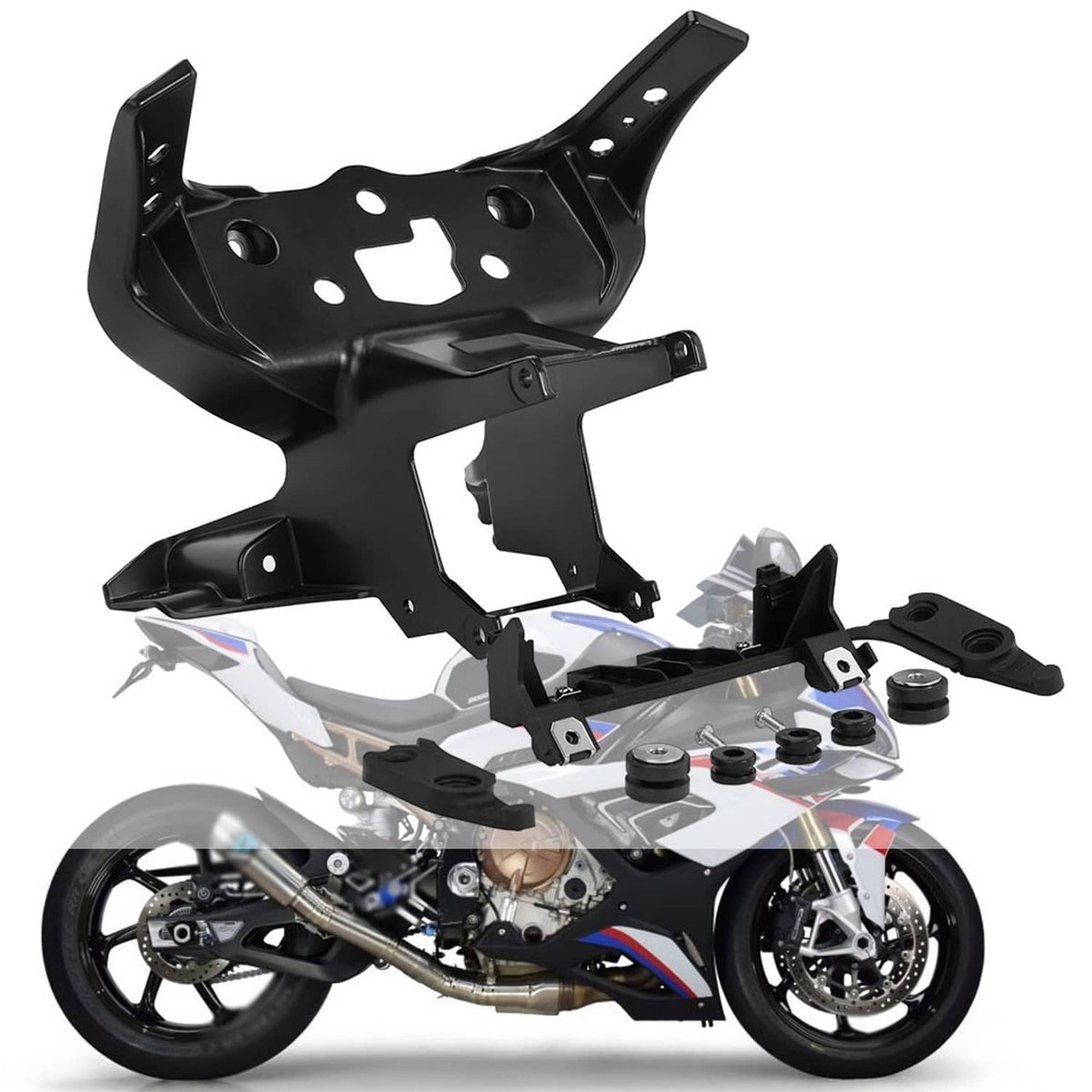 Black front headlight fairing stay bracket with central cutout and bolt holes