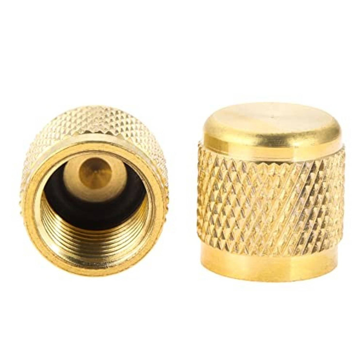 Brass quick coupler components with knurled grip and black valve core opening