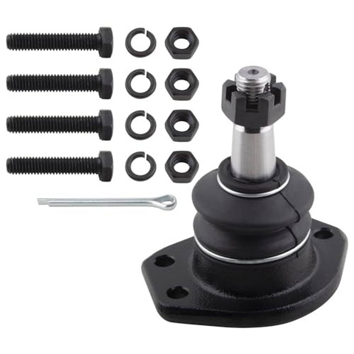 Front ball joint with black rubber boot, steel stud, and included nuts, rings, bolts, tool