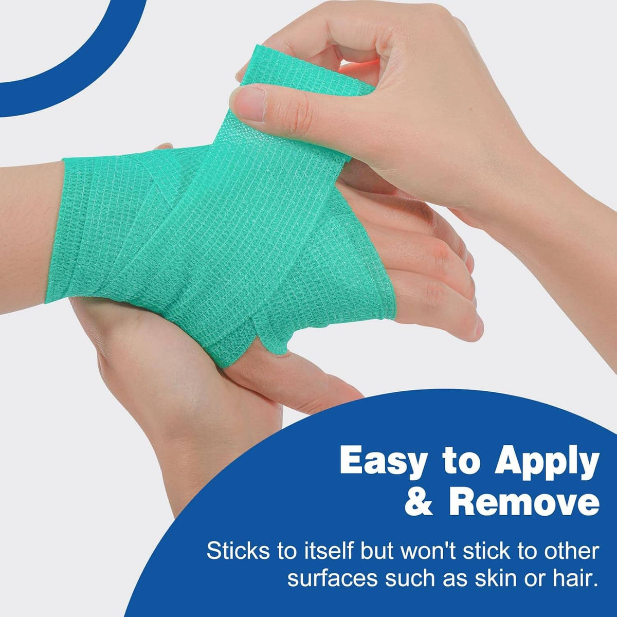 Green self-adhesive elastic bandage wrap applied to forearm, hands adjusting