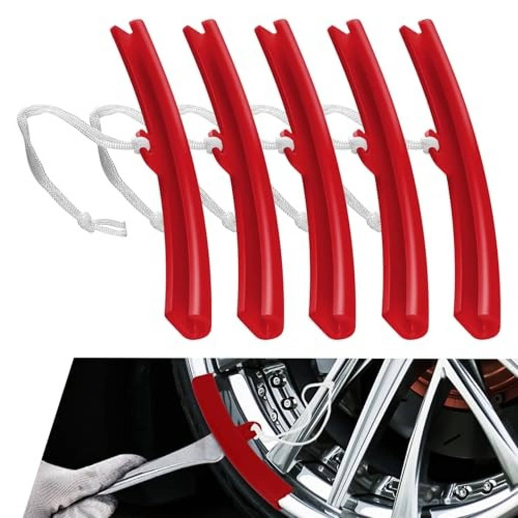 Five red rim protectors with white rope ties; one installed on wheel rim