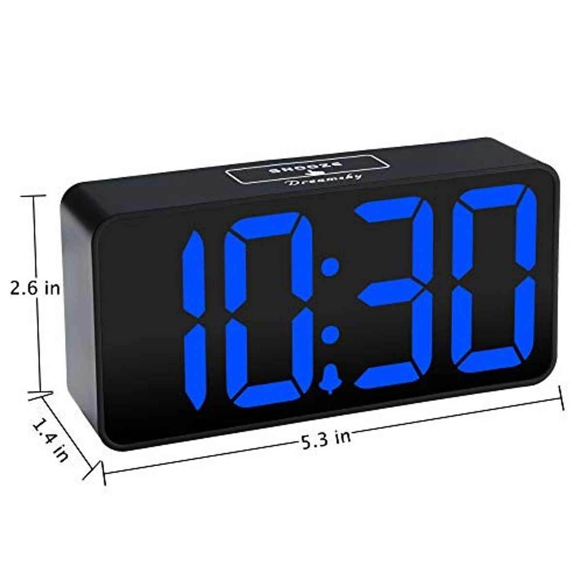 Compact digital alarm clock with large blue LED time display