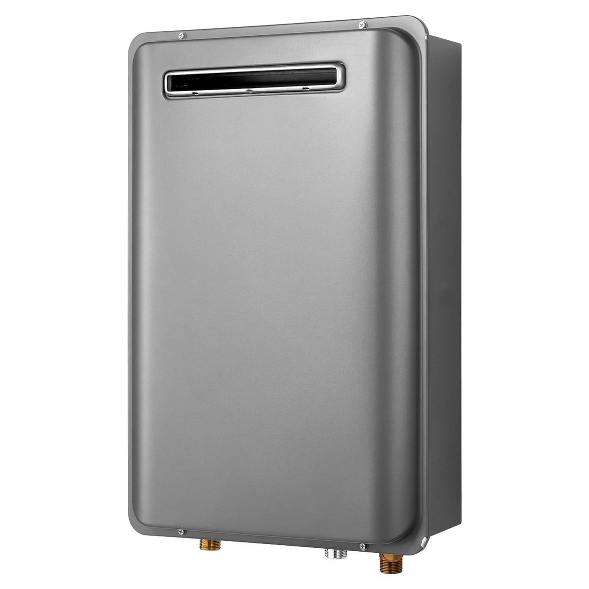 Propane tankless water heater front view with vent window and bottom brass fittings.