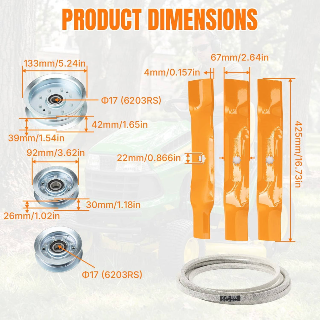 Deck rebuild kit showing orange drive belts, metal pulleys, and gray belt ring