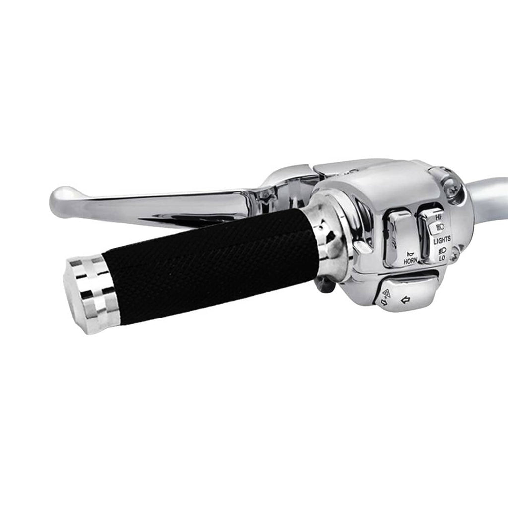 Motorcycle throttle-side grip with black textured rubber and chrome housing