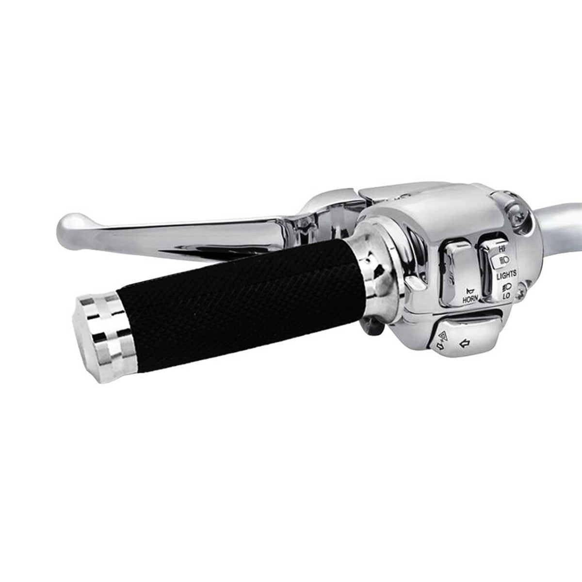 Motorcycle throttle-side grip with black textured rubber and chrome housing