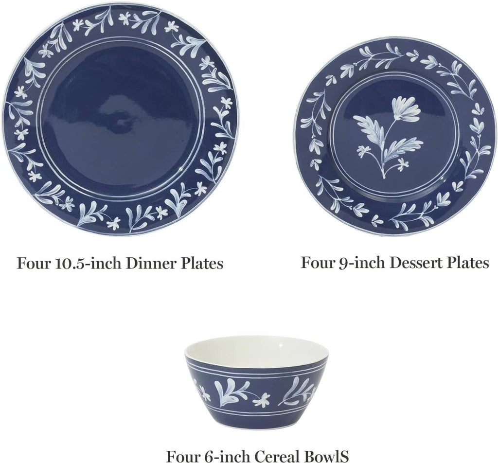 Dark blue dinner plates, dessert plates, and cereal bowls with white floral vine trim