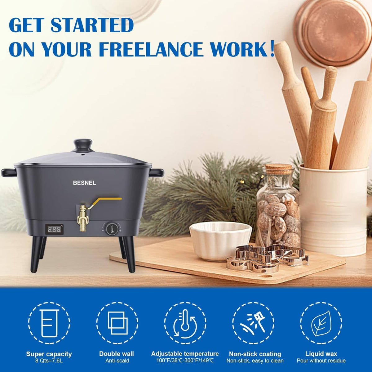 Black electric wax melting pot with lid, brass tap spigot, and temperature control knob